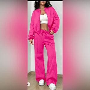 Women's Casual Hot Pink Striped Long Sleeve Zipper Jacket and Pants Set